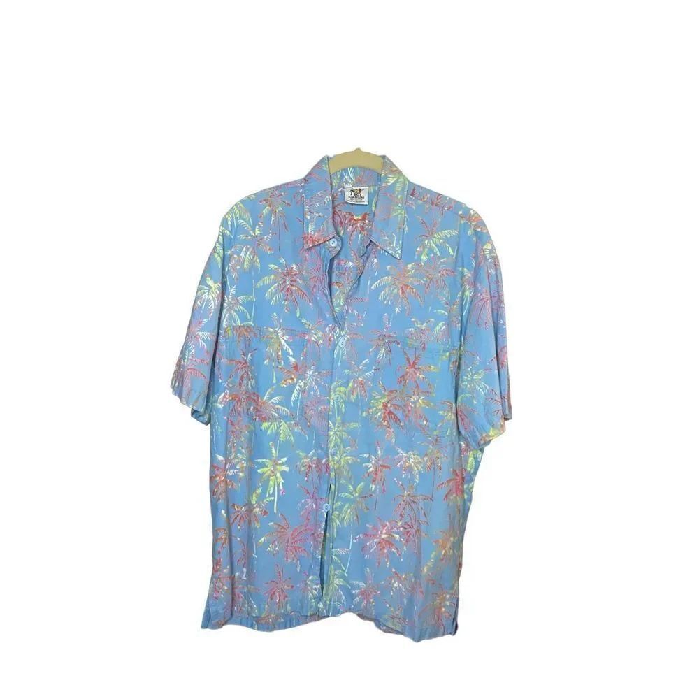 Vintage rum reggae, blue palm, tree, print button up short sleeve, shirt, med